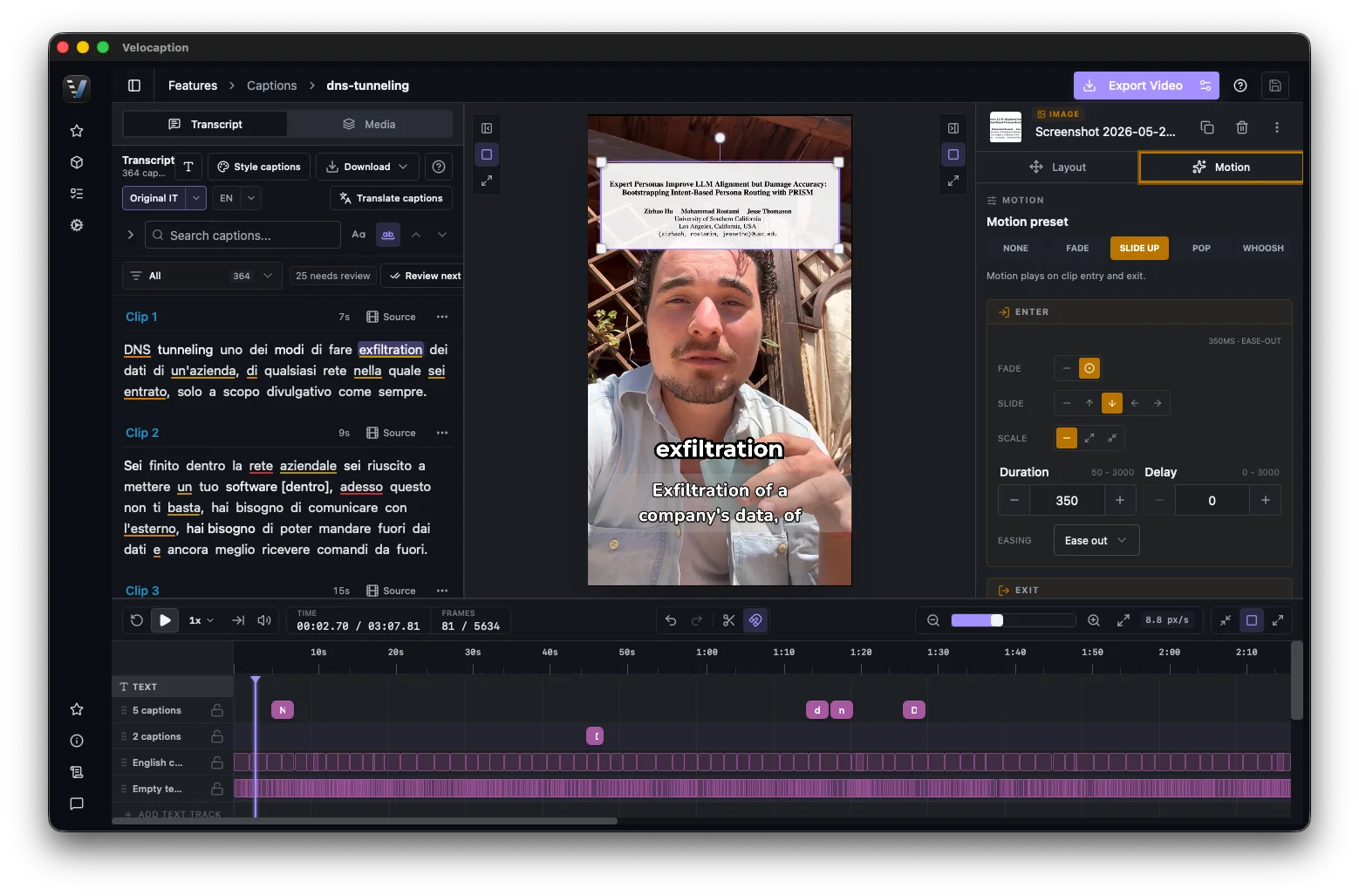 Velocaption captions editor with video preview, overlays, waveform timeline, and export controls